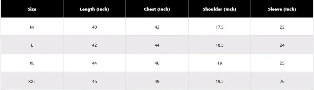 Panjabi Size Chart